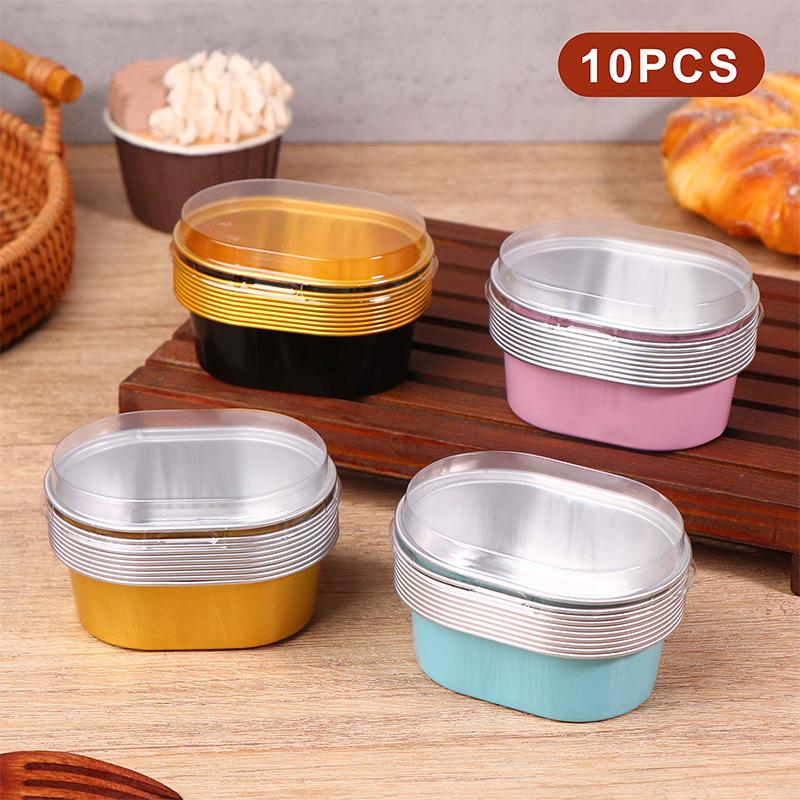 10Pcs Aluminum Foil Cupcake Cups With Lids Non-Stick Foil Baking Cups 68Ml Oval Pudding Dessert Cups Wedding Party Supplies