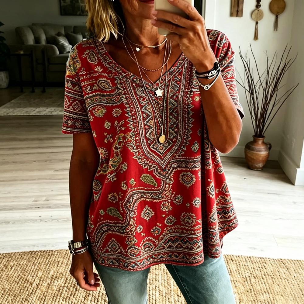 Women Boho Paisley Print Blouse V‑Neck Short Sleeve Ethnic Retro Loose Plus Size Casual Summer Tunic Top