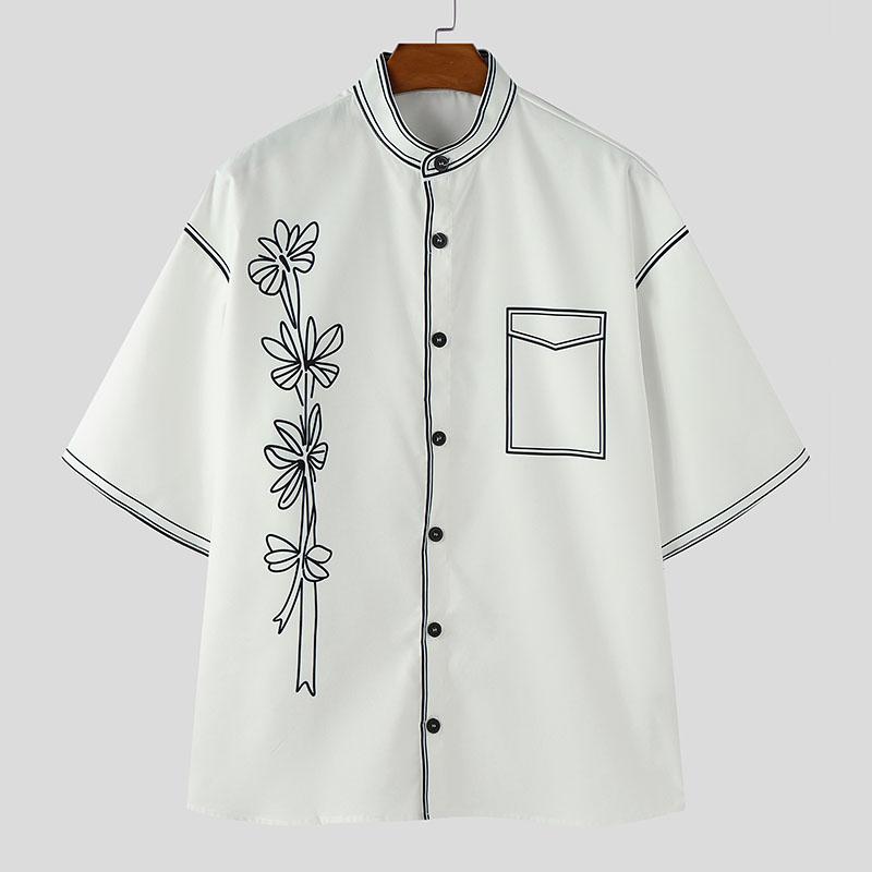 

INCERUN Мужские рубашки оверсайз с воротником-стойкой, рукавом до локтя и принтом, повседневные, свободные, летние M белый