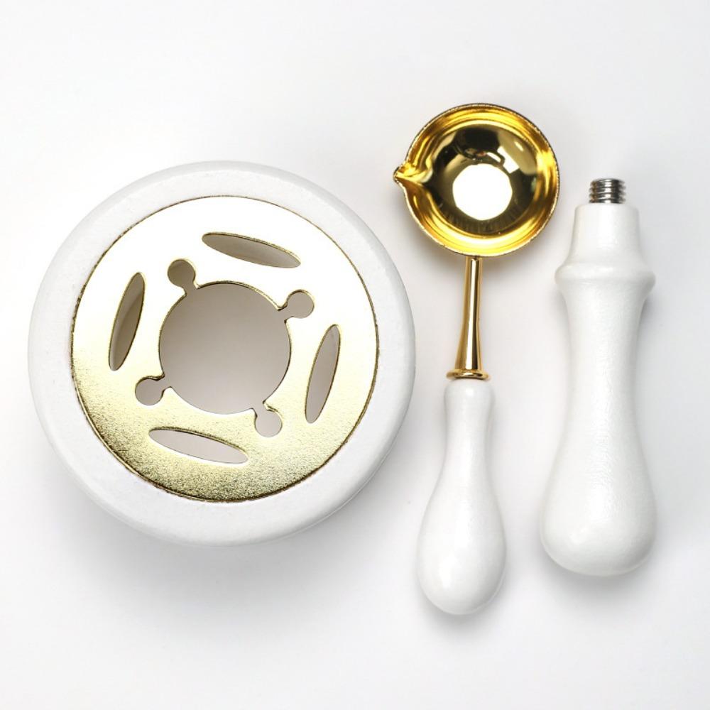 Solid Wood Wax Seal Set Vintage with Handle Wax Bead Melting Heater with Spoon Heating Stove Wax Melting Furnace for 2/3 Pcs