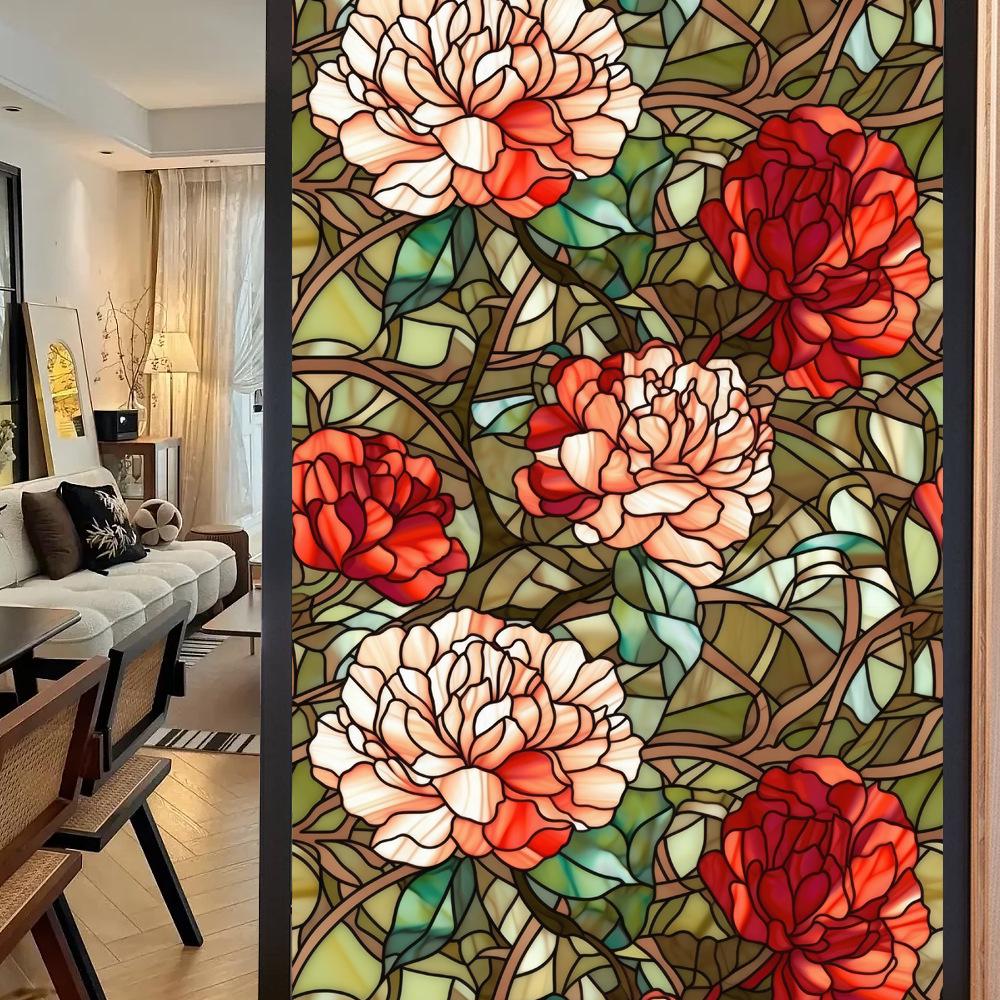 Colorful Retro Floral & Bird Static Cling Window Film - No Glue, Removable