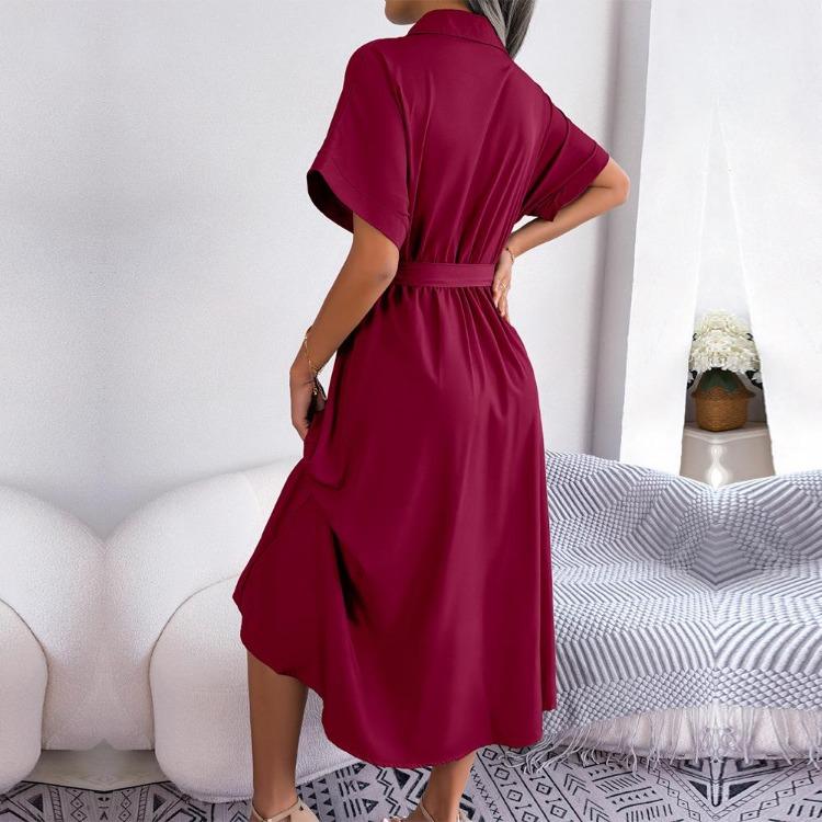 Women Casual Loose Button Dress Spring Summer Solid Color Lace Up Shirt Skirt Lapel Neck