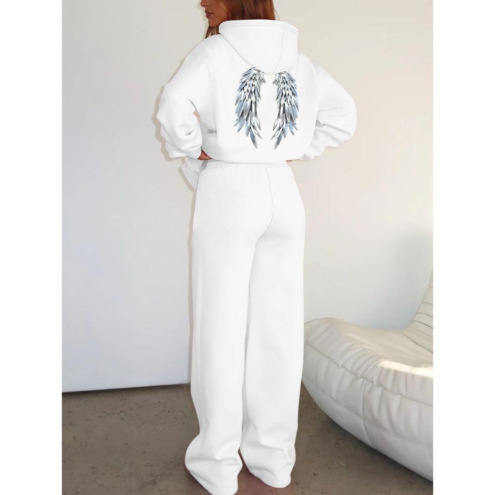 Casual Women's Suit with Interesting Printed Patterns, Fashionable Hooded Sweatshirt and Wide Leg Pants Set