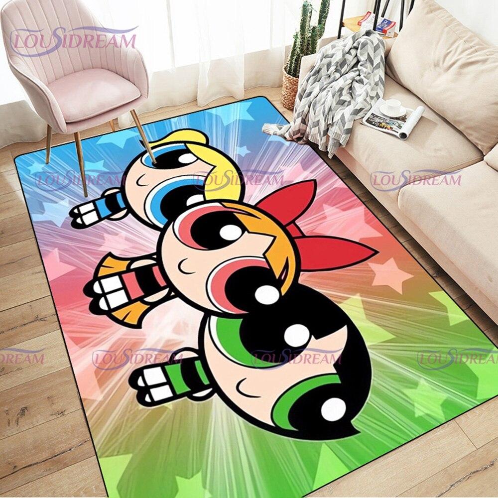 Alfombra de dibujos animados con estampado de Chicas Superpoderosas, decoración para sala de estar y dormitorio, alfombra antideslizante para baño, felpudo para suelo en el pasillo