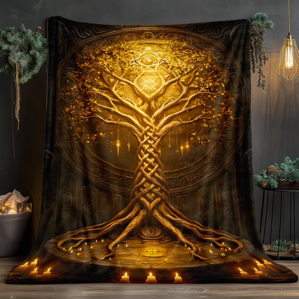 1pc Golden Tree of Life Celtic Symbol Flannel Blanket Spiritual Art Bed Cover Mystical Design Home Decor Gift for Yoga Lovers