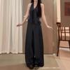 Korean Wear a Complete Set of Hem Ruffle Edge V-neck Neck Sling Vest Wide Leg Denim Long Pants Two-piece Set