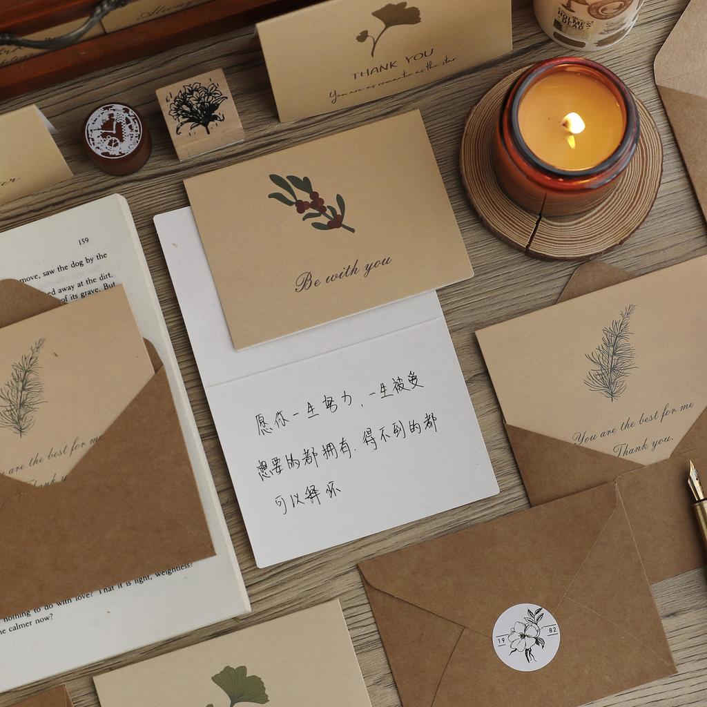 6 stk retro plante gratulasjonskort Kraft papir konvolutt klistremerkesett Bryllup Bursdagsfestival Skrivbar Håndlaget DIY ønske takkekort