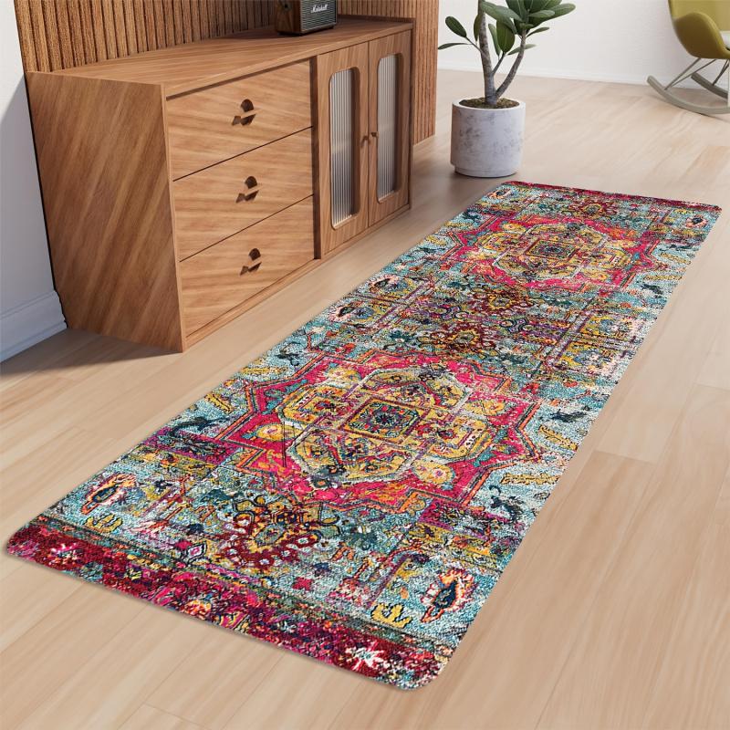 VIKAMA Bohemian Corridor Area Rug Vintage Pattern Corridor Balcony Floor Mat Anti-Slip Kitchen Bedroom Long Rug Home Decoration