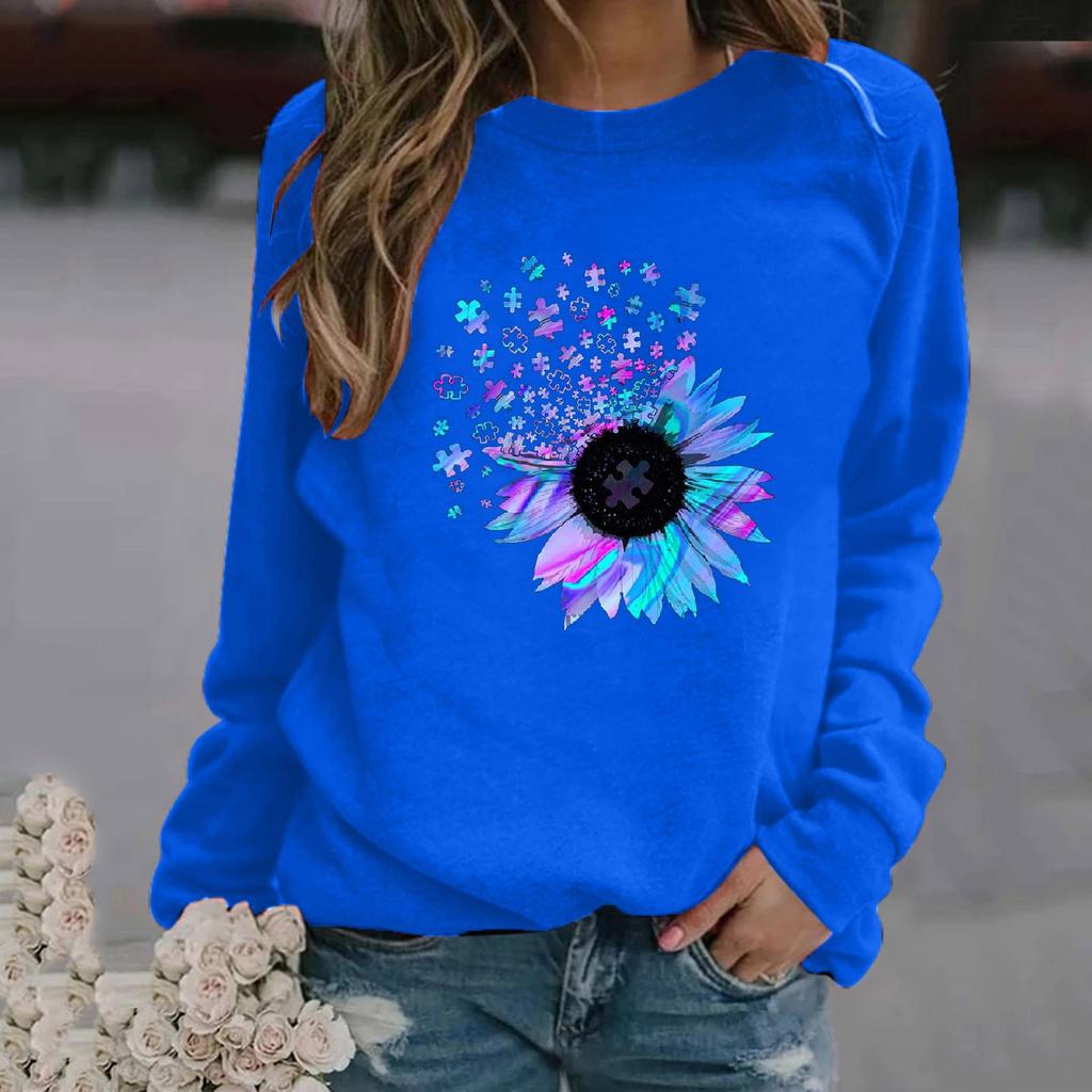 Women's Fashion Casual Print Round Neck Sweater Loose Sports Tops Pullover