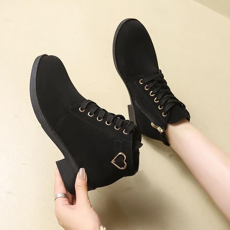 Winter Women Ankle Boots Retro Suede Mid Heels Shoes Lace Up Chunky Boots 2025 Trend Designer Classic Pumps New