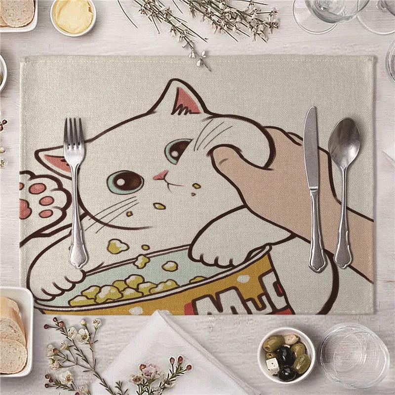 Cute Kiss Cat Pattern Kitchen Placemat Dining Table Mats Drink Coasters Western Pad Cotton Linen Cup Mat 45*32cm