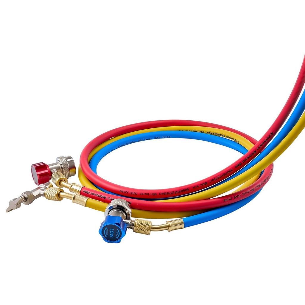 AC Manifold Gauge Set for R134a R404A R1234yf R22 Refrigerant, 3 Way AC Gauge with 1.5m Hoses, Adapters, Quick Couplers, Can Taps for Automotive Air
