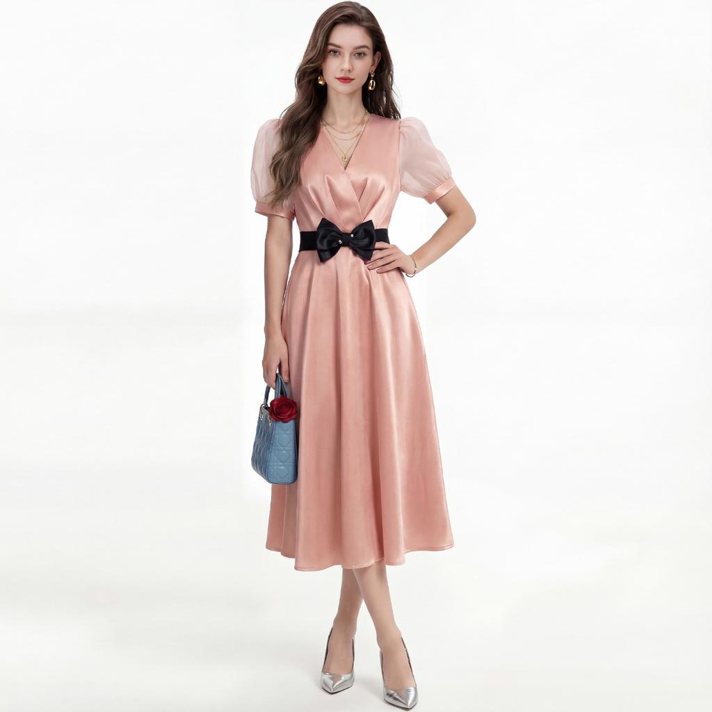 Elegant Evening Party Dress Summer Women Cross V-Neck Puff Short Sleeve Satin High Waist Belt Lace Up Midi Dress