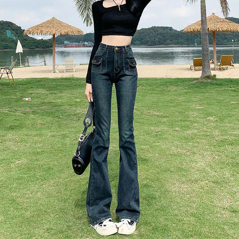 Versatile High-Waist Blue-Gray Flared Denim Trousers with Double Pockets, Elastic Slim Fit