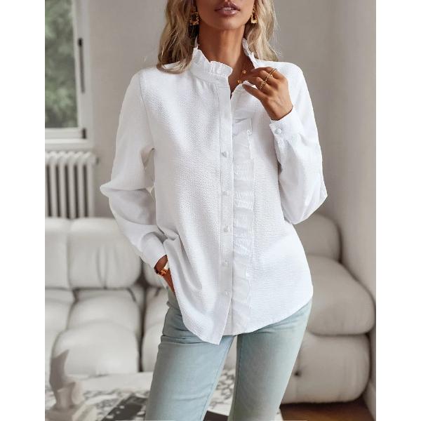 Cămașă Elegantă pentru Femei cu Mânecă Lungă, Drapată, Guler Înalt, Bluză pentru Birou, Cămăși Casual cu Nasturi, Tunici Harajuku, Topuri Simple de Stradă