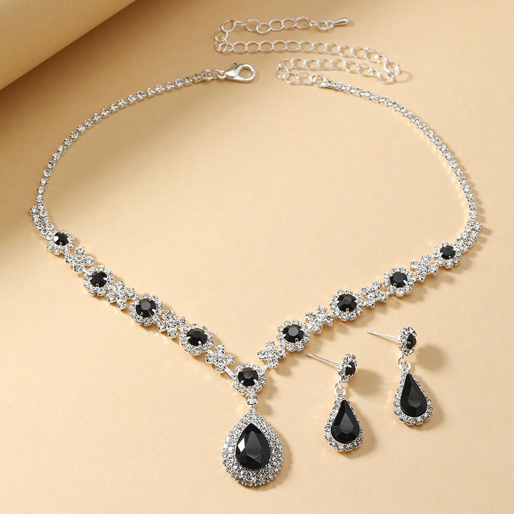 European and American Crystal Blue-Green Teardrop Necklace and Earring Set