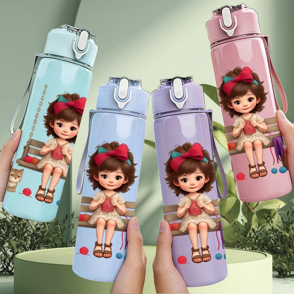 1PC Little Girl Swing Cartoon 750ml Color Plastic Sports Water Bottle Leakproof Flip Straw Lid Suitable for Sports Office Home Use