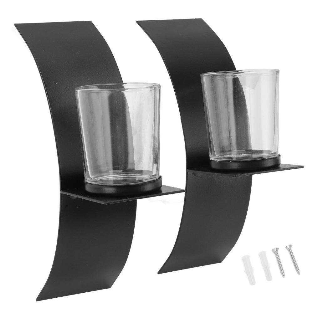 2PCS Black Iron Wall Candle Holder Iron, Glass Metal Candle Wall Decor Dining Room