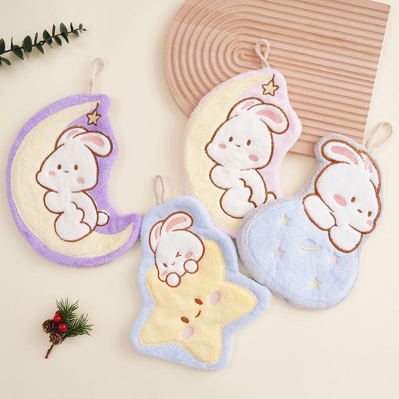 Cute Rabbit Pattern Hand Towel Soft Hanging Towels Absorbent Coral Fleece Towel Kitchen Bathroom Double-Thickness Hand Towel