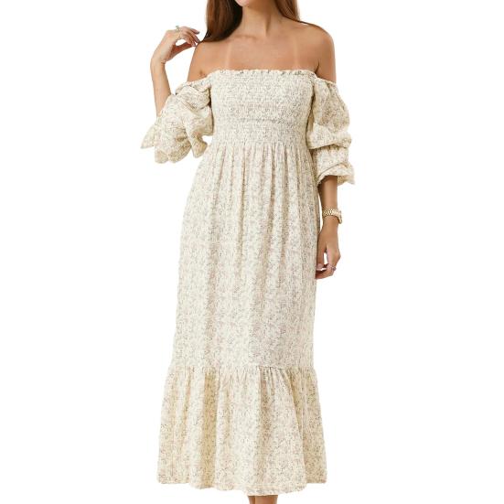 Women's Off Shoulder Maxi Dress Long Puff Sleeve Square Neck Boho Flowy Dress Floral Print Smocked Waist Long Dress