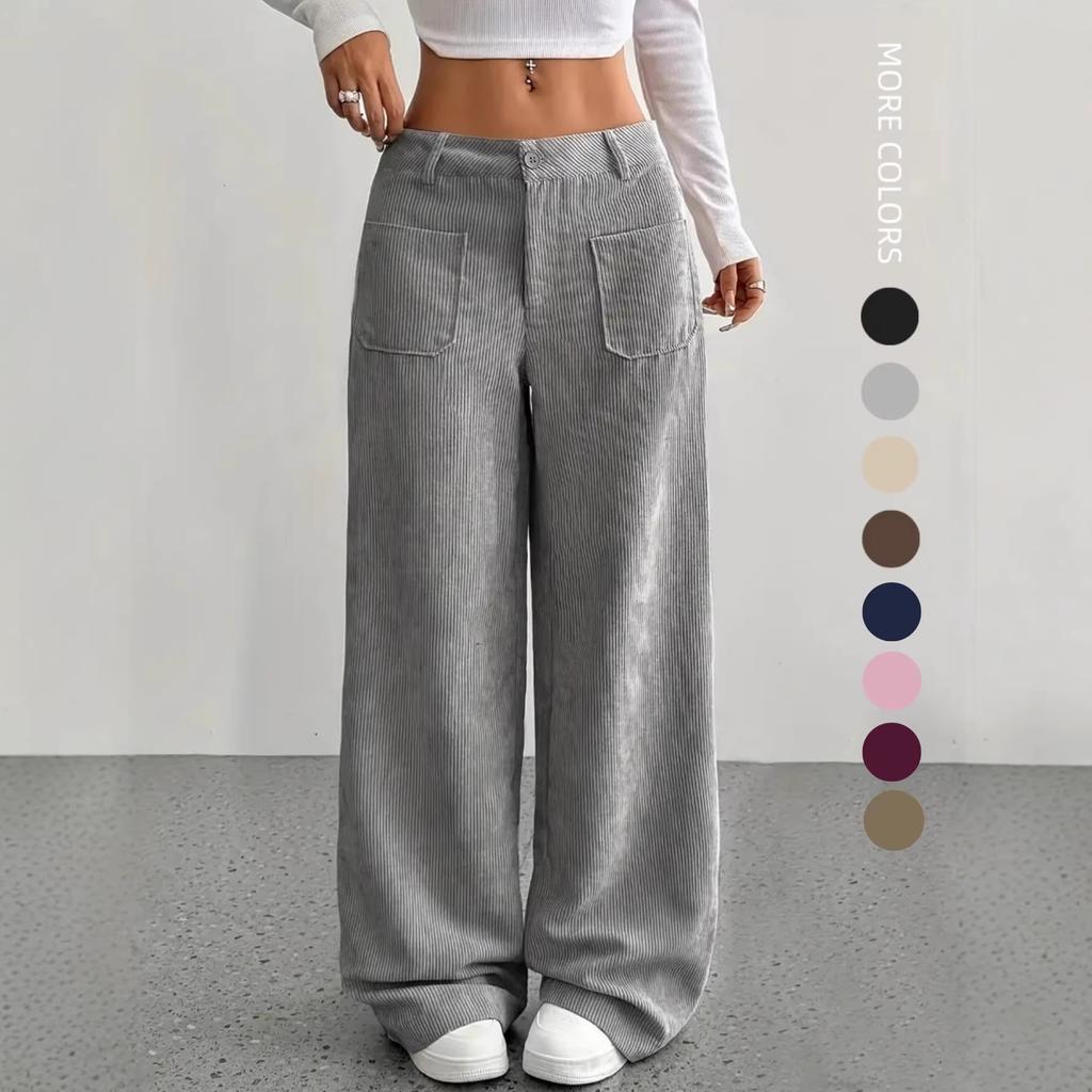 Women High Waist Corduroy Wide Leg Pants Patch Pockets Loose Baggy Casual Y2K Streetwear Long Trousers