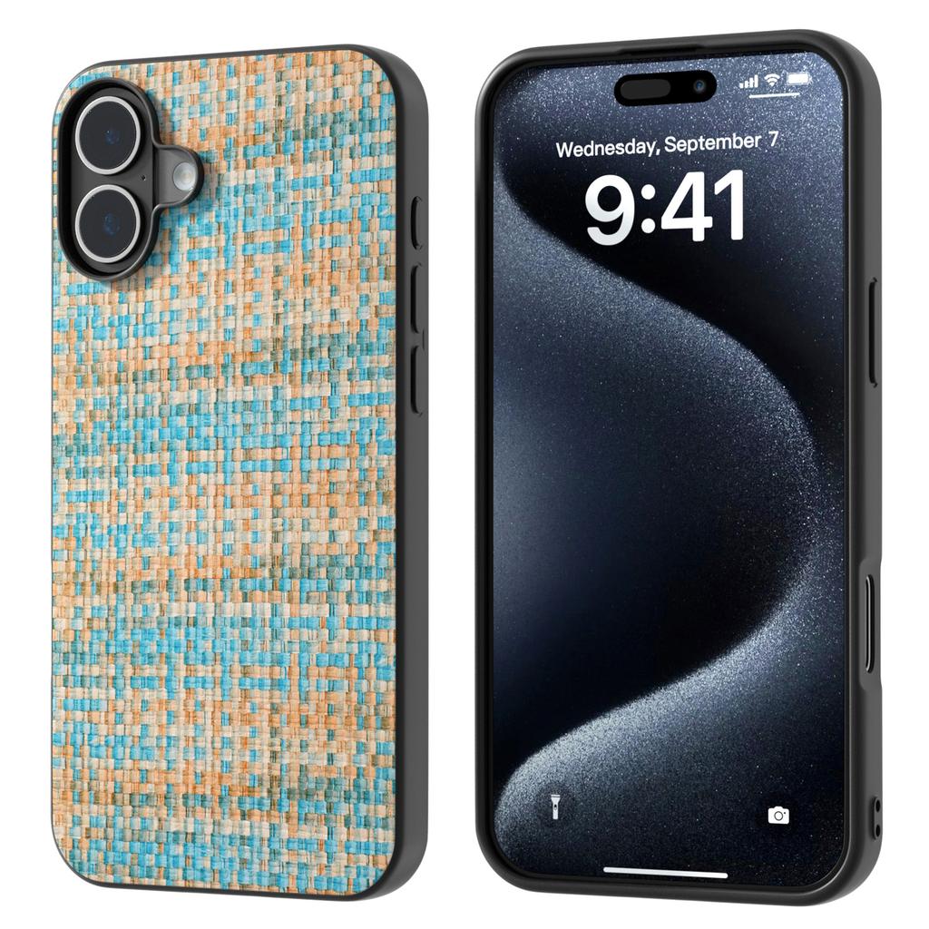 For iPhone 16 Plus Case Plaid Texture PU Leather Coated PC+TPU Phone Cover