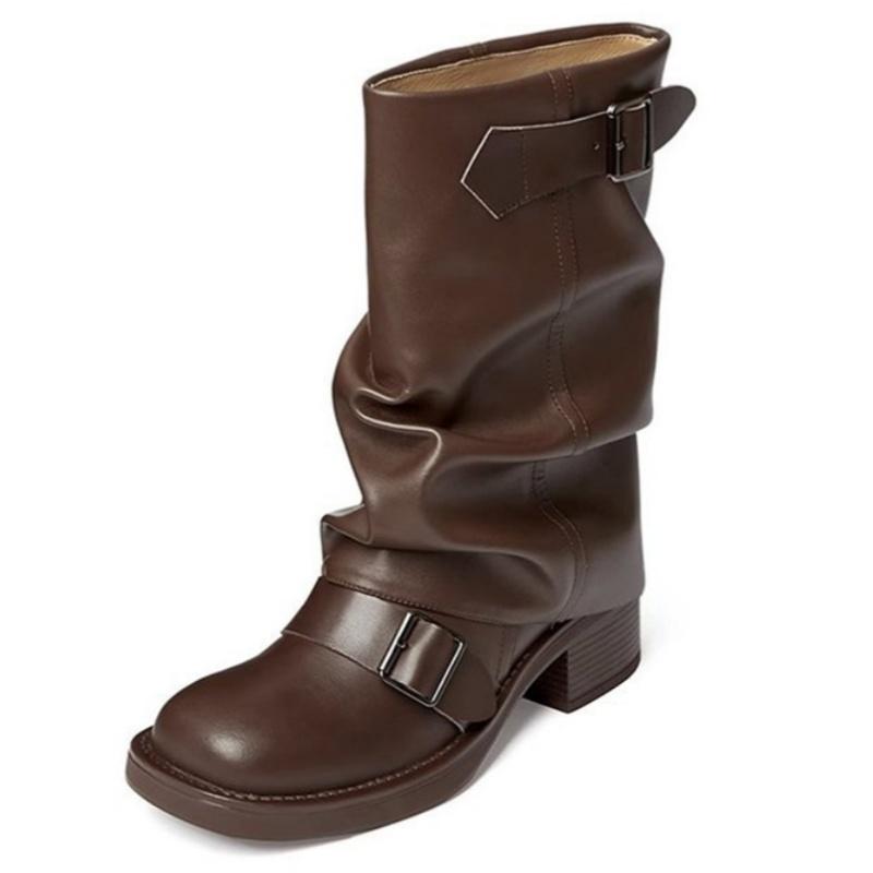 Fashion 2025 Autumn New Thick Heel Riding Women's Boots Pleated Buckle Knight Mid Calf Boots Fashion Casual Cool Girls Boots Zapatos