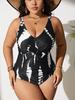 European & American 2024 Plus Size Printed Halter Backless Ruched Bikini for Women