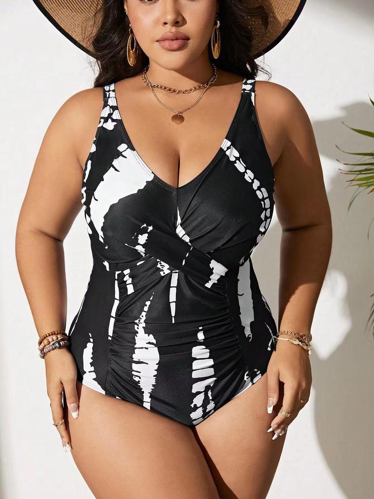 European & American 2024 Plus Size Printed Halter Backless Ruched Bikini for Women
