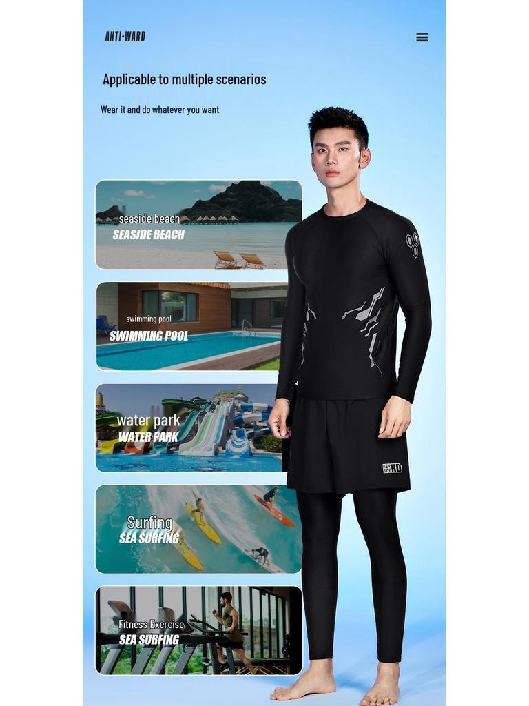 Men's Plus Size Sun Protection Long Leg Swimsuit & Diving Trunks Set