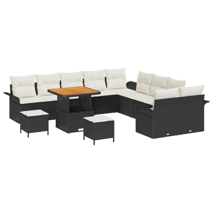 Ensemble de canapé de jardin de 13 pièces avec coussins en poly rattan noir et acacia, Canapé de jardin 2 places 3364140