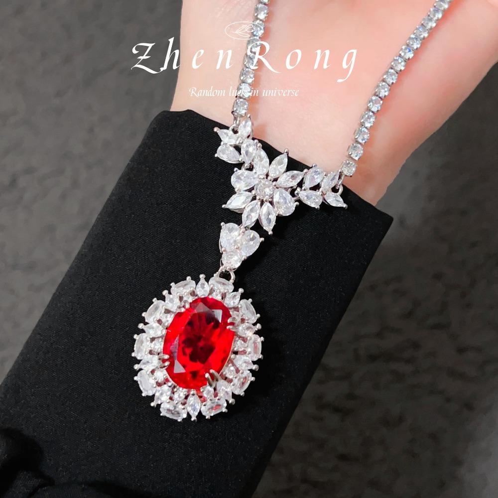 Luxury Women Jewelry Set Vintage Zircon Ruby Earrings and Pendant Necklace with Gemstone Ring High End Fashion Gift
