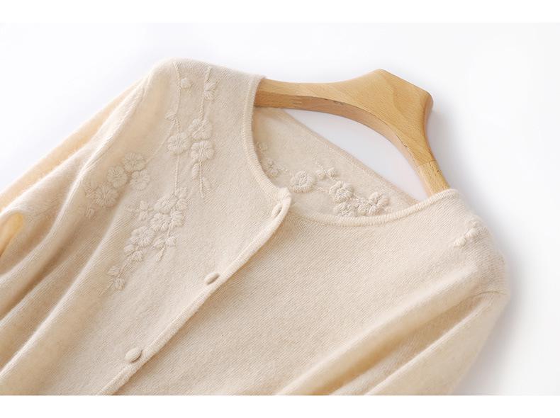 Women's 3D Embroidered Floral Wool Cardigan with Round Neck - Early Autumn Design