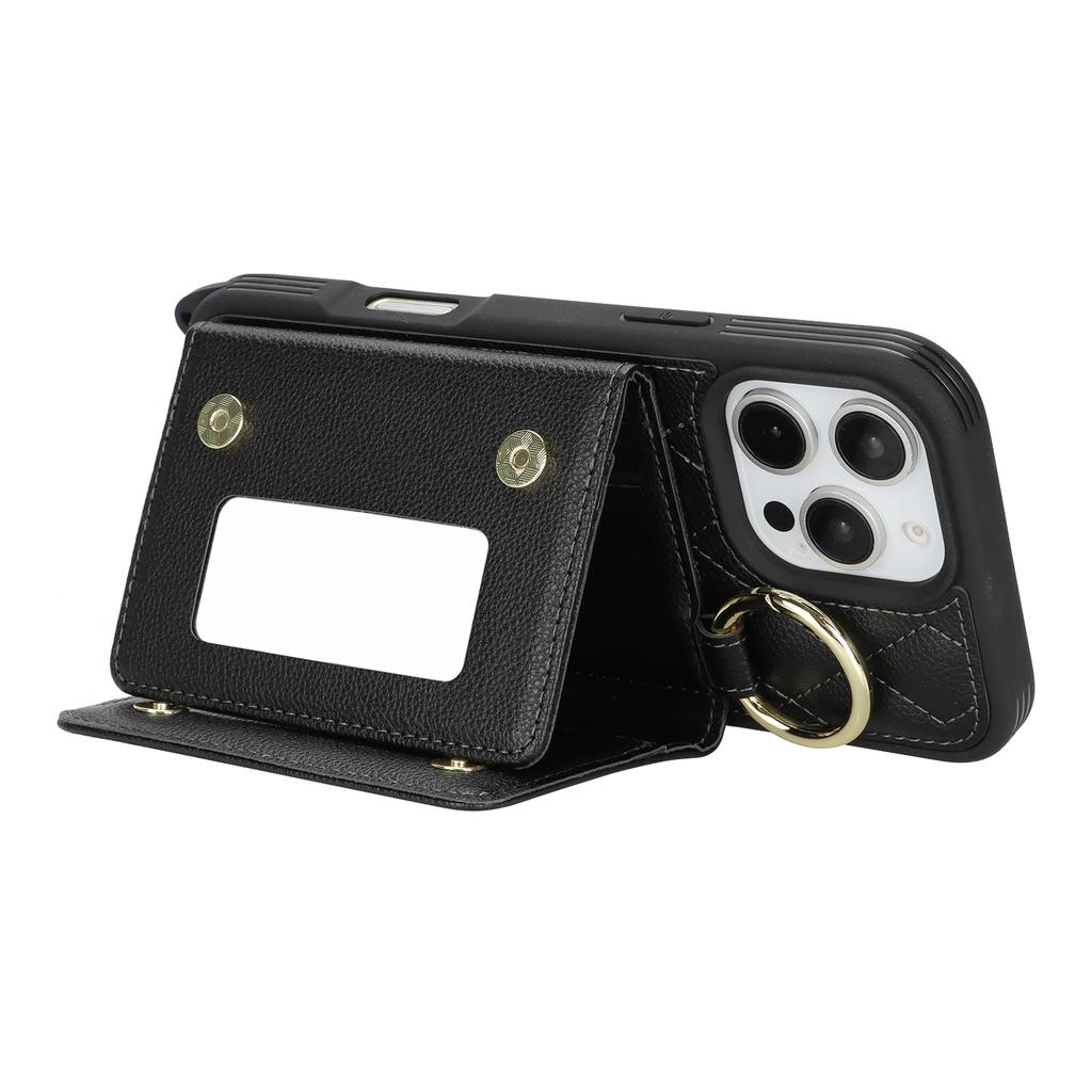 For iPhone 16 Pro Max Case with Lanyard/Mirror/Card Holder Grids Pattern RFID Blocking Phone Cover