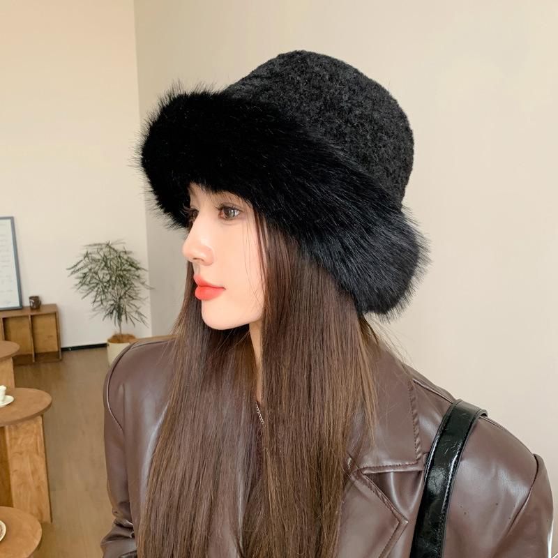 

Зимняя новая утолщенная высококлассная шляпа-ведро, персонализированная модная теплая шляпа из искусственного меха, однотонная плюшевая шляпа-панама Average size (56cm~ 58cm) чёрный