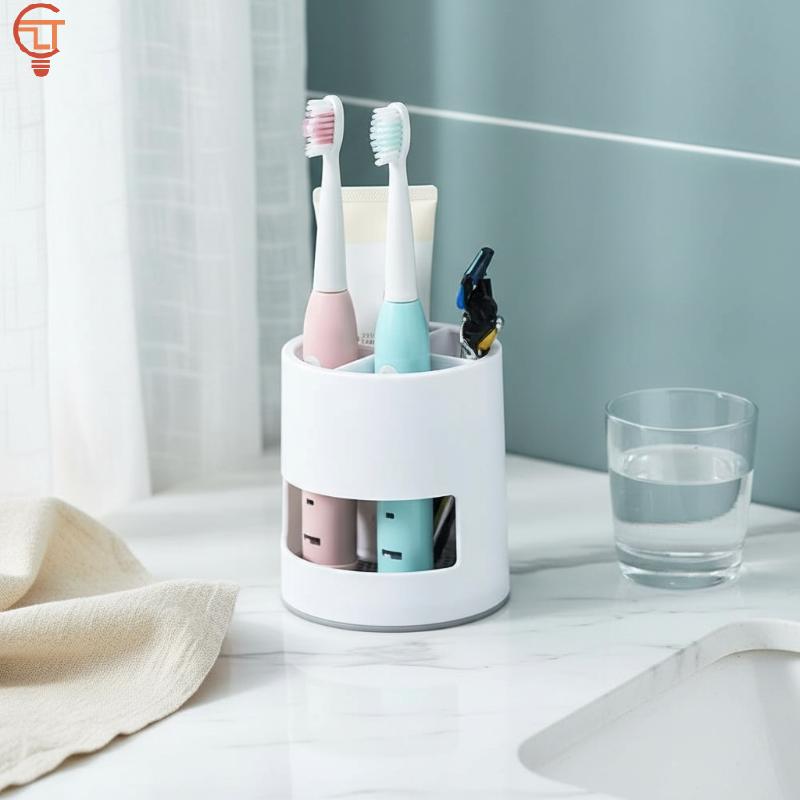 Toothbrush Storage Rack 2 Cup Holder with Toothpaste Organizer Fast Draining for Family Bathroom Counter