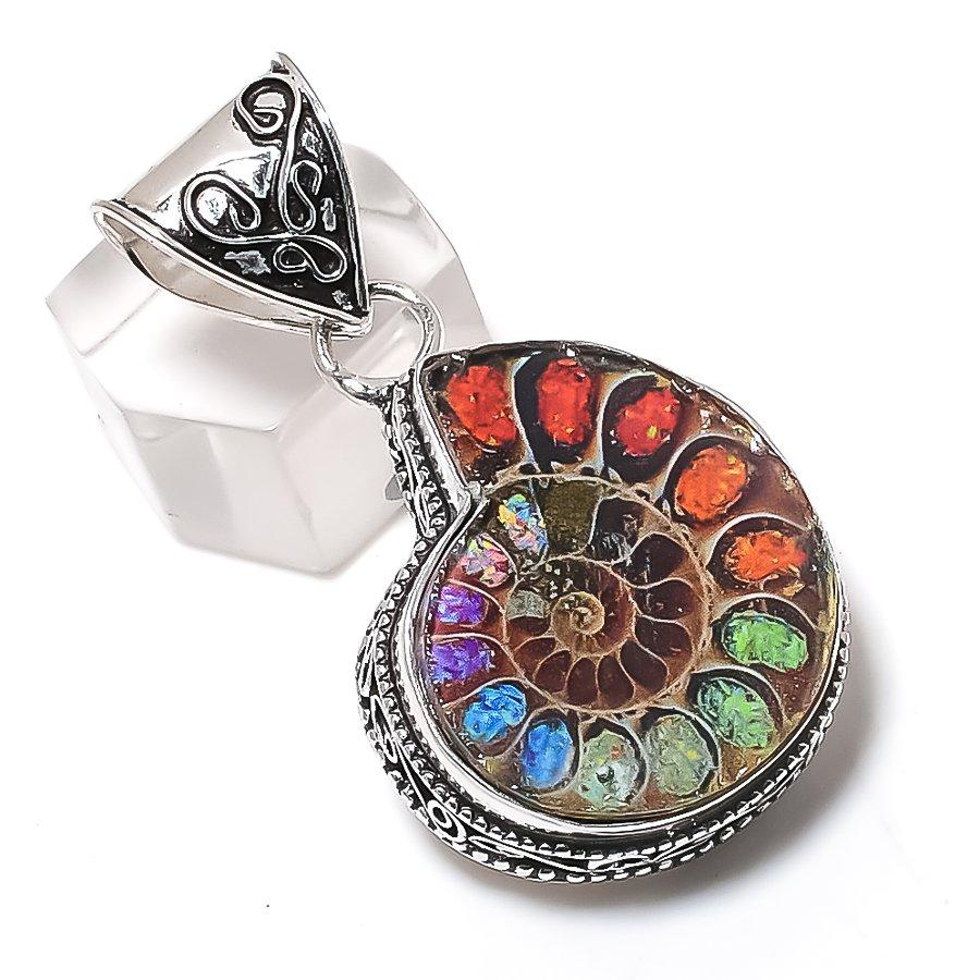 

Натуральный ископаемый аммонит драгоценный камень 925 стерлинговое серебро ювелирная подвеска 1.77 D8l78