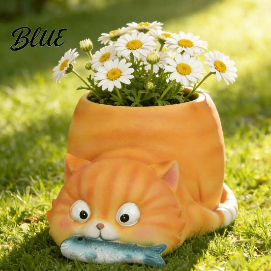 Langlebige Harz-Katzenfigur Pflanzgefäß Fressender Fisch Pflanzgefäß Niedriger Blumentopf mit Drainage Lustiger Kleiner Innenbehälter Corgi für Sukkulenten Pflanzen,