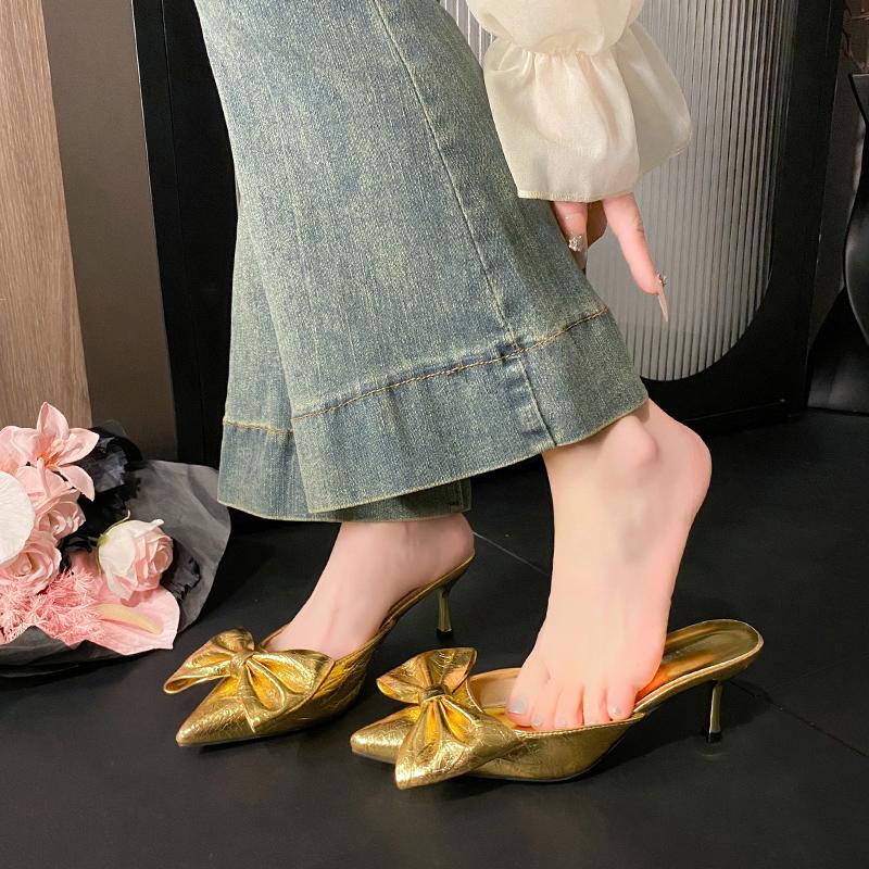 Fashion New Baotou Stiletto High-heeled Shoes Spring and Summer Pointed Toe Shallow Mouth Temperament Bow Non-slip Cool Slippers