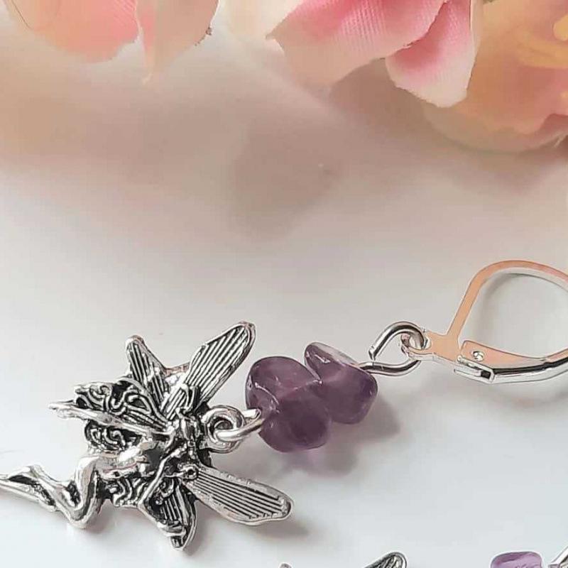 Handmade Silver Amethyst Fairy Earrings - Bohemian Renaissance Gemstone Jewelry