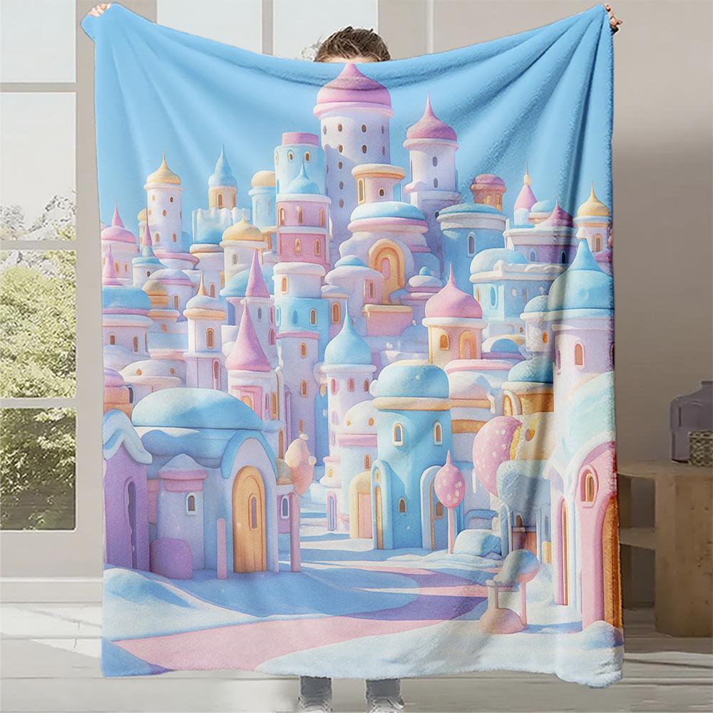 

1pc Dreamy Fairy Tale Macaron Castle Print Flannel Blanket - Soft, Warm, and Cozy for All Seasons | Minimalist Home Decor Perf 130x150cm