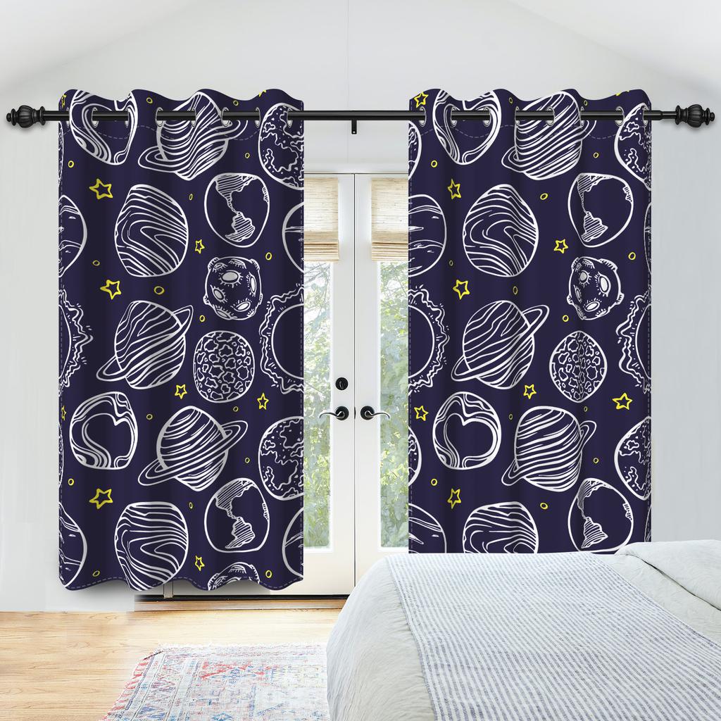Set mit 2 Vorhängen im Weltraum-Thema Sterne Cartoon Astronomisches Design Kinderzimmer Dekoration Schlafzimmer Wohnzimmer Fenster Vorhänge Verdunkelnd Polyester Ideal