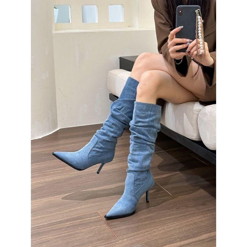 Elingstudio Babes Denim But Knee Boots Women's Fall 2025 Pointed Heel Pile Boots
