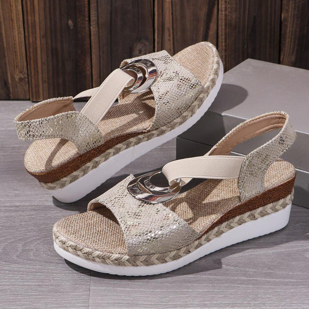 Plus Size Women's 2024 Spring/Summer Wedge Heel Sandals with Metal Buckle