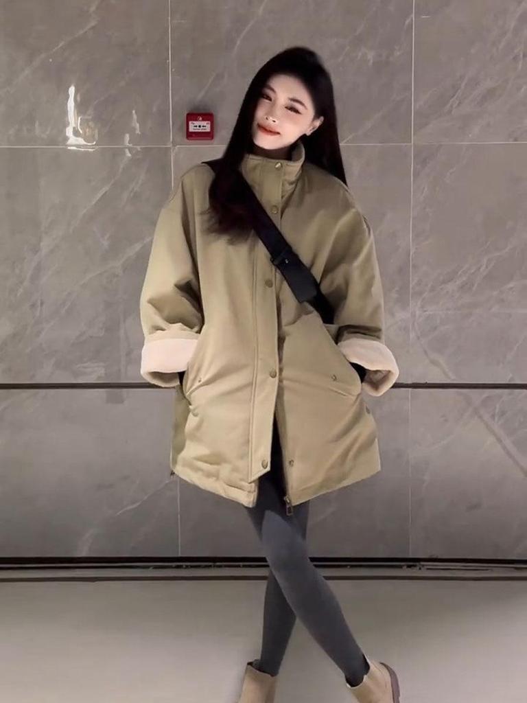 Women's 2024 Winter European Style Stand-Up Collar Fleece-Lined Thick Warm Lamb Wool Jacket Coat