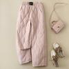 Women's Winter New Diamond Lattice Embossed Cotton Pants Tie Elastic Waist Windproof Warm Long Wide Leg Trousers Literary Casual Pants
