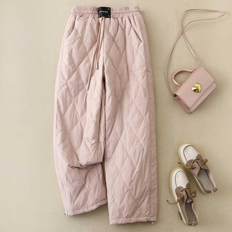 Women's Winter New Diamond Lattice Embossed Cotton Pants Tie Elastic Waist Windproof Warm Long Wide Leg Trousers Literary Casual Pants