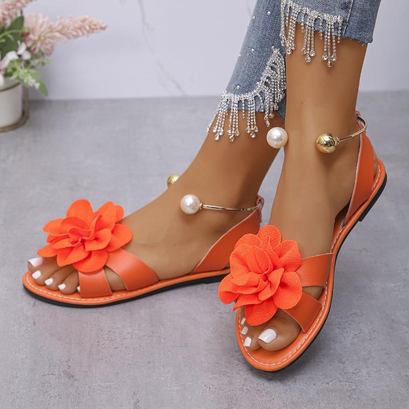 Damen Flache Slip-on Sandalen mit Perlen- und Blumendekor, Übergröße Komfort Bequeme Tägliche Schuhe