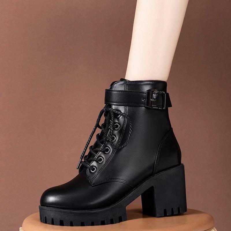 Martin boots women's shoes thick high heels new winter classic lace-up versatile fashion boots