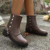 Fashion Spring Autumn Medium Heel Round Head Short Boots for Women Fashion Solid Color Metal Buckle Women Shoes Roman Style Slip On Bota